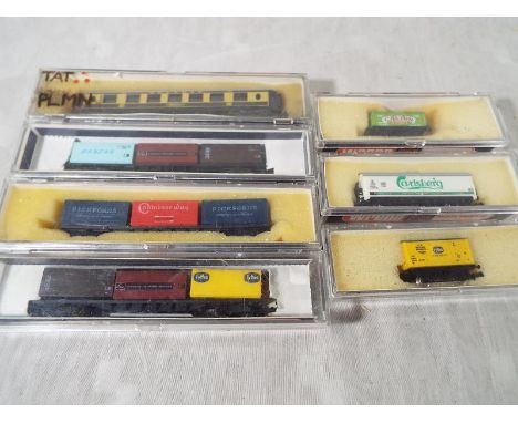 Wrenn model railways - N gauge, seven items of rolling stock comprising a Pullman coach # 355 and six goods # 472, 485, 735, 