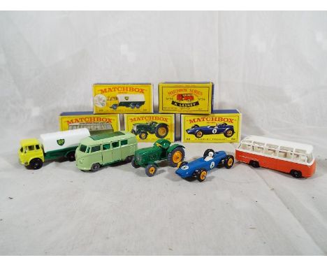 Five Matchbox / Lesney diecast models comprising 34 Volkswagen camping car, 68 Mercedes coach, 50 tractor, 26 BP tanker and 5