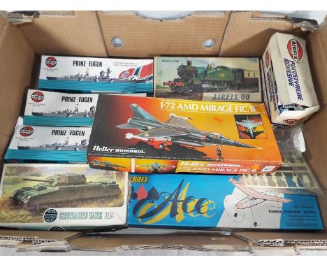 A collection of Airfix model kits to include Prinz Eugen, Crusader Tank OO scale, Heller Humbrol AMD Mirrage FIC/B, a Prairie