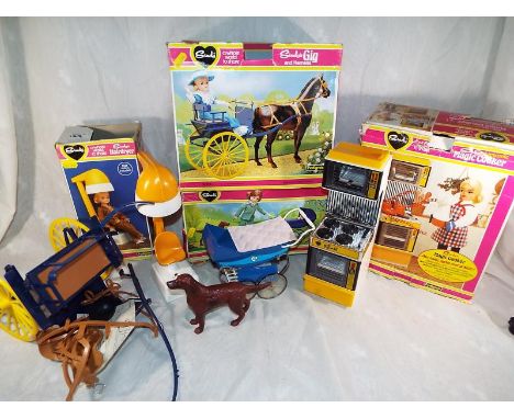 A collection of Sindy by Pedigree to include the gig and harness, magic cooker, hair dryer and the walk in the park, boxed (4