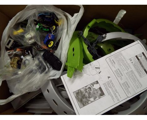 A Hot Wheels car track set and a collection of die cast model motor vehicles and motor  bikes