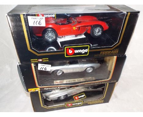 Three die cast model motor cars scale 1:18 comprising Burago Ferrari 250 Testa Rossa (1957), Burago Mercedes Benz 300 SL (195