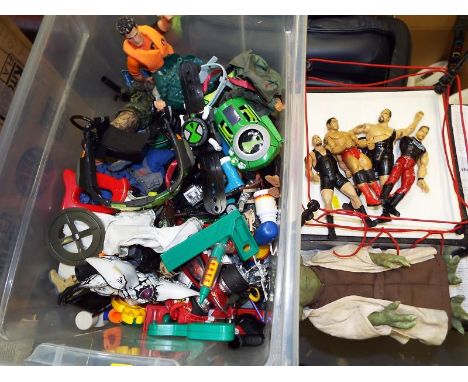 A mixed lot to include Action Man figures and accessories, talking Star Wars Yoda doll, WWE wrestling ring and figures and si
