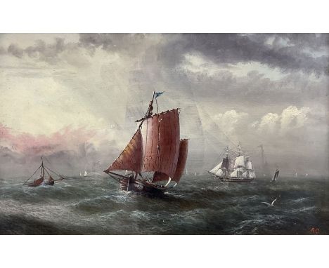 R Coverdale (British 19th/20th century): Fishing Yawl and other Masted Vessels at Sea, oil on canvas signed with initials, si