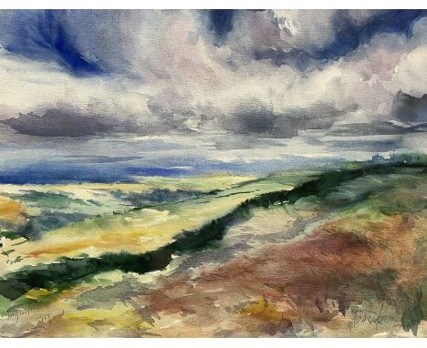 English School (Late 20th century): Colourful View of the Wharfe Valley, watercolour indistinctly signed 35cm x 45cm; 'Buacha