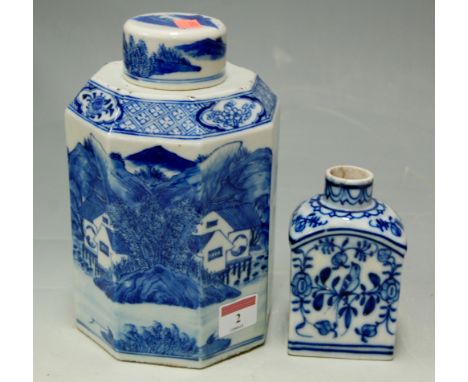 A Chinese export stoneware blue and white jar and cover of octagonal form, decorated with a mountain and lake scene, four cha