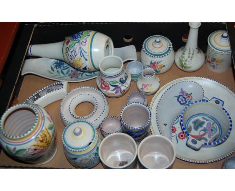 Mixed lot of Poole pottery items to include; preserve jar and cover, lamp-base, bottle vase etc 