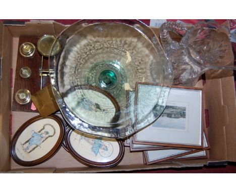 Mixed lot to include; brass postal scales with weights, large glass comport, prints etc 