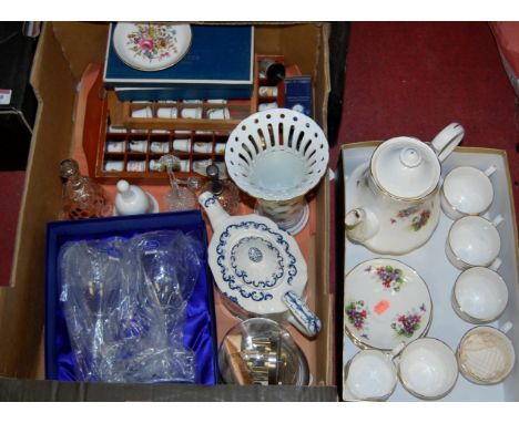 Two boxes of miscellaneous china and glass to include; Royal Worcester tableware, thimbles, Doulton glassware, part tea servi