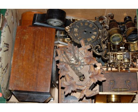 A mixed lot of assorted clocks, clock cases and clock parts to include long case dial cuckoo clock, mantel clock etc