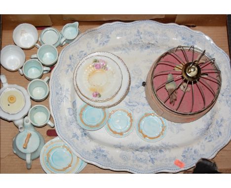 Mixed lot to include large Victorian blue and white meat plate, modern bird automaton