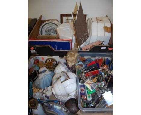 Two boxes of miscellaneous to include collectors' plates, keyrings, part tea service, Poole pottery figure