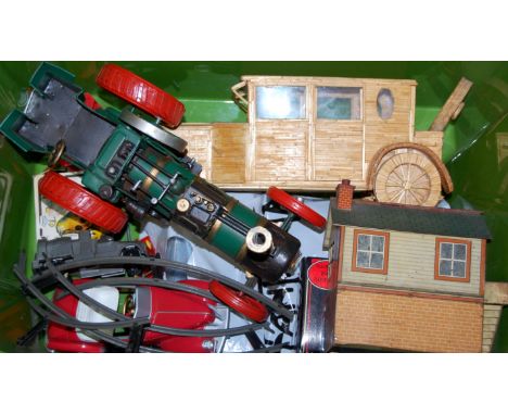 A mixed lot of toys to include; scratch-built matchstick model of a motor car, model steam engine etc 