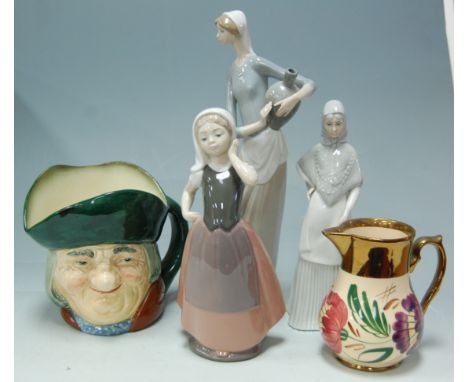 A Lladro figure of a water-carrier, together with a Royal Doulton Toby Philpotts character jug; a Wade harvest jug; Nao figur