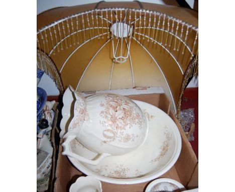 Two boxes of miscellaneous items to include early 20th century brass pedestal oil lamp with opalescent glass shade, Victorian