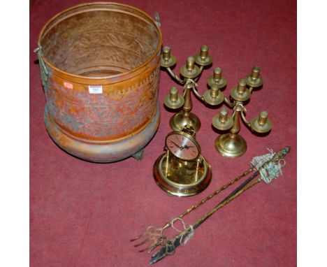 Mixed lot to include; copper fuel depot, brass candlesticks, brass fire tools etc 