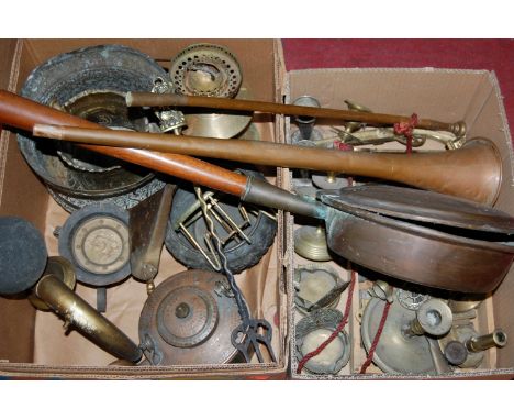 Two boxes of miscellaneous metalwares to include eastern brass jardiniere, copper warming pan, copper hunting horn