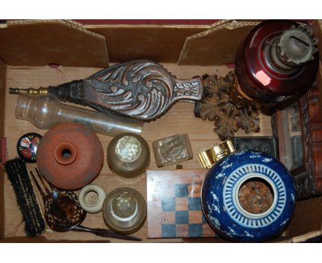 Box of miscellaneous items to include pair of carved oak bellows, Chinese stoneware ginger jar (lacking cover) and Victorian 