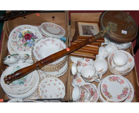 Two boxes of miscellaneous items to include Colclough part tea service, Duchess part tea  service, Victorian copper warming p
