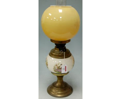 An early 20th century oil lamp, having opalescent glass shade above a porcelain reservoir decorated with figural scenes, on a