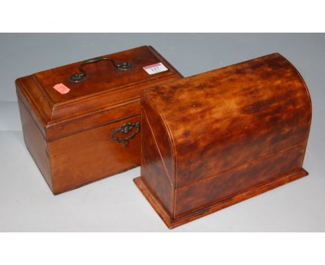 A George III mahogany tea caddy, together with a leather clad table-top stationery cabinet (2)