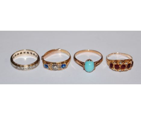 Four various gold and yellow metal semi-precious rings to include; five garnet and seed pearl set example 