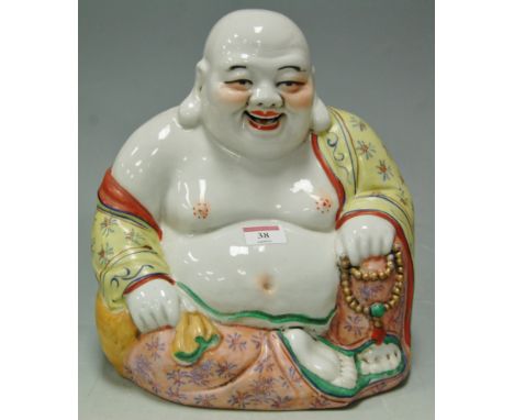 A large Chinese glazed stoneware figure of Buddha, enamel decorated with impressed seal mark verso  Condition Report / Extra 