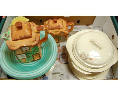 Mixed lot of china wares to include Westminster cottage ware teapot, Carlton ware green glazed dish, and James Kent relief mo