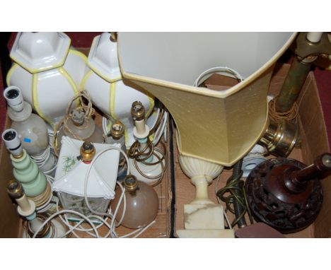 Two boxes of assorted ceramic and other table lamp bases, some with shades