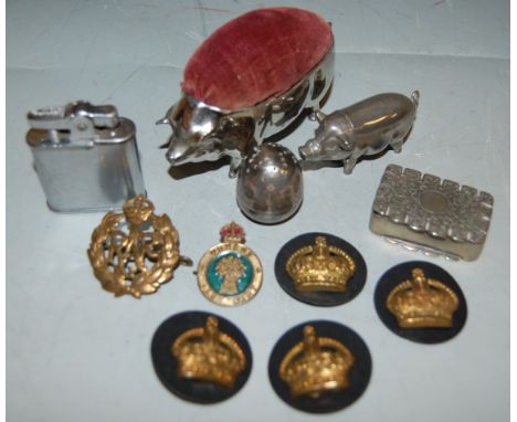 Mixed lot to include; large silver plated pin cushion in the form of a pig, a similar vesta, silver plated snuff box, RAF cap