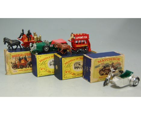 A boxed Models of Yesteryear horse-drawn fire engine; together with a 4.5 litre Bentley; Lipton's tea wagon; and a 1914 Sunbe