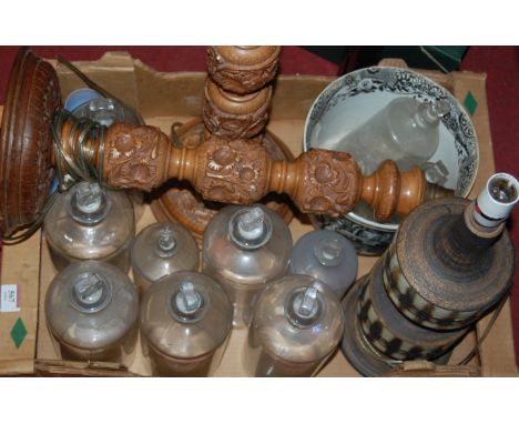 Mixed lot to include; glass apothecary jars and stoppers, Bernard Rooke style table lamp, pair of carved wooden table lamps e