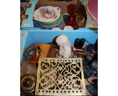 Two boxes of miscellaneous items to include a lacquered table lamp and shade, ruby glass liqueur decanter, brass trivet, bino