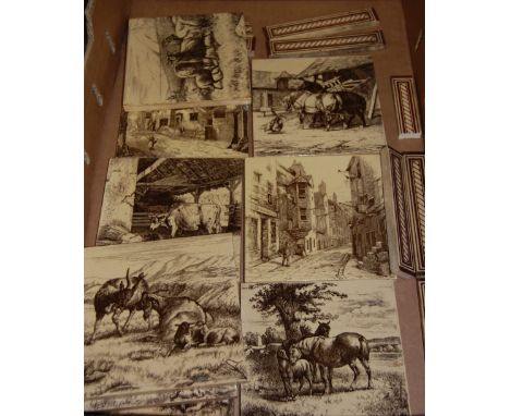 A collection of Victorian Mintons ceramic tiles, mostly depicting arable scenes 
