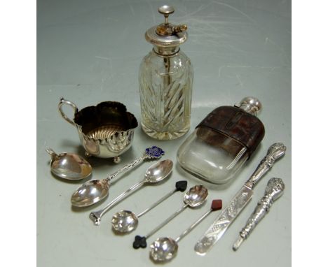 Mixed lot to include; sundry silver flatware, cut glass and white metal topped atomiser, a silver plated and glass hip flask 