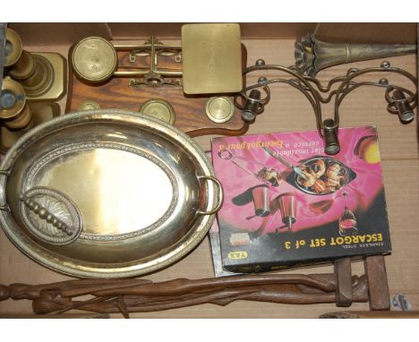 Mixed lot to include pair of brass postal scales and weights, turned brass candlesticks, silver plated entree dish