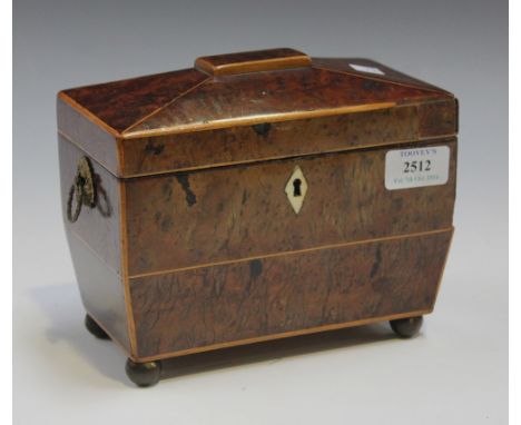 A George III burr yew sarcophagus tea caddy with applied brass handles, on bun feet, width approx 20cm (faults).