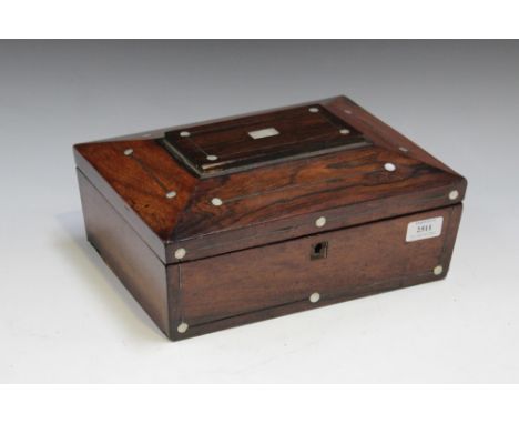 An early Victorian rosewood and mother-of-pearl inlaid workbox, width approx 31cm, together with a Regency mahogany sarcophag