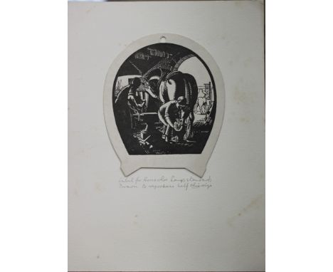Stanley Roy Badmin - Label for Horseshoe Lamp Standards, monochrome print, approx 10cm x 9cm.