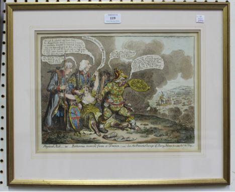After James Gillray - 'Physical Aid, or Britannia recover'd from a Trance', 19th Century etching with near period colour, app