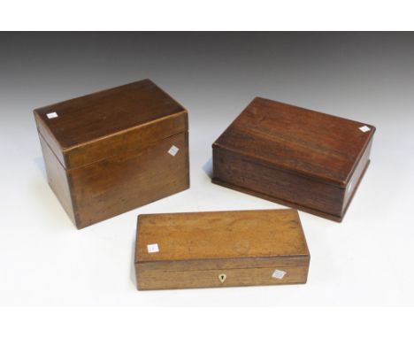 A George IV mahogany tea caddy with boxwood stringing, width approx 20cm, a 19th Century walnut workbox and three other boxes