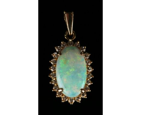 A 9ct gold opal and diamond oval cluster pendant, claw set with the oval opal in a surround of circular cut diamonds, length 