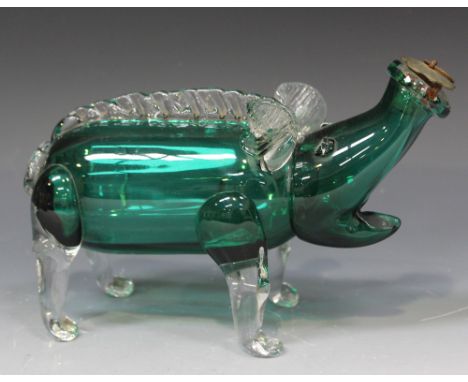 A Bristol green and clear glass pig decanter with plated stopper, late 19th Century, the green glass body and head with appli