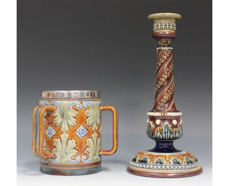A Royal Doulton stoneware tyg, early 20th Century, the cylindrical body with a Mappin & Webb plated collar, decorated with gr