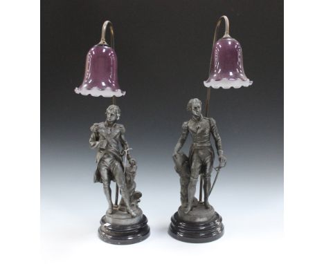 A pair of 19th Century cast spelter figural table lamps, one in the form of Admiral Lord Nelson, the other in the form of the