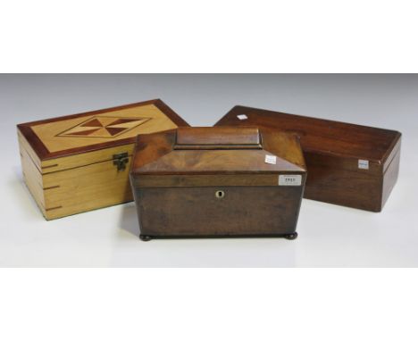 A Victorian mahogany sarcophagus tea caddy, width approx 30cm, together with two jewellery boxes.