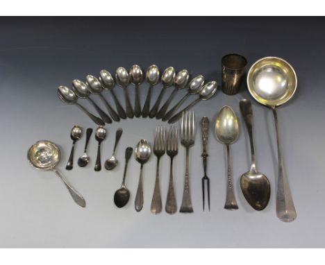 A collection of Continental .800 silver, including a soup ladle, a set of twelve teaspoons, a beaker, a tea strainer and othe