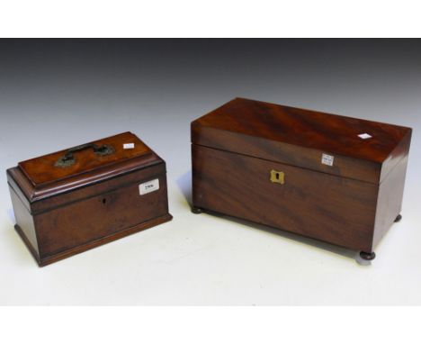 A George III mahogany tea caddy with a pagoda moulded lid, width approx 25.6cm (faults), together with an early Victorian mah