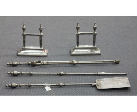 A set of three 20th Century George III style polished steel fire tools, comprising shovel, tongs and poker, length approx 80c