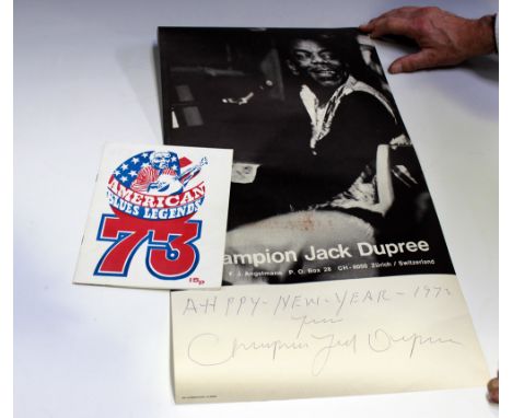 A collection of blues-related ephemera, including a poster signed by Champion Jack Dupree, an 'American Blues Legends' progra